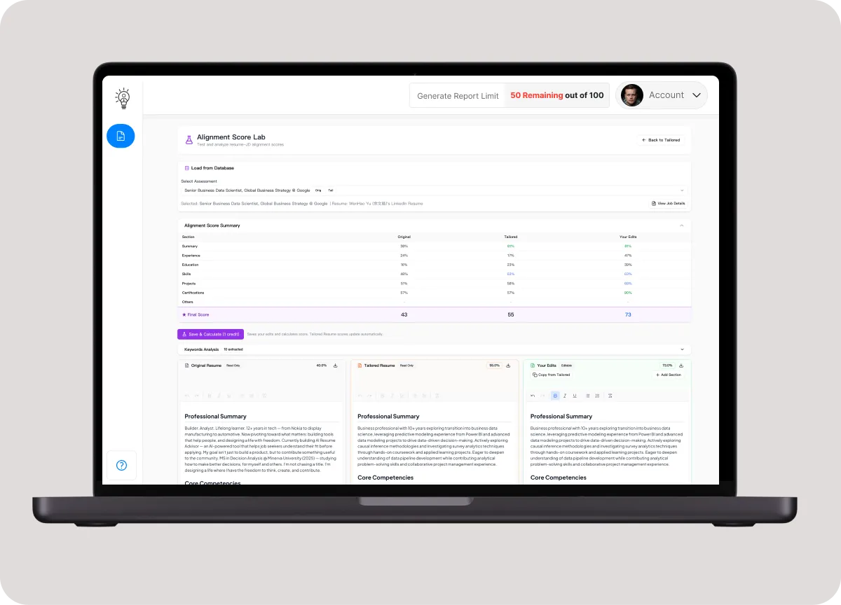 Alignment Lab showing resume comparison with original, tailored, and edited versions
