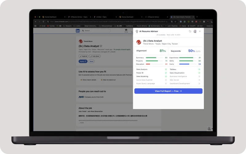 AI Resume Advisor Chrome extension showing job match score on LinkedIn