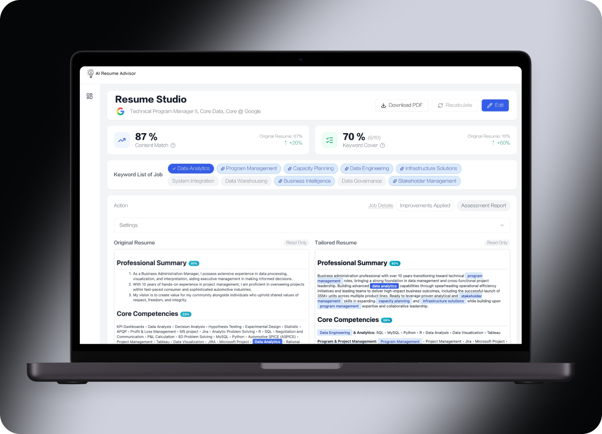 AI Resume Advisor dashboard showing job alignment score and resume analysis